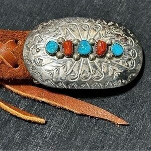 Thomas Carved Sterling Silver Turquoise Coral Navajo Tobacco Suede Belt